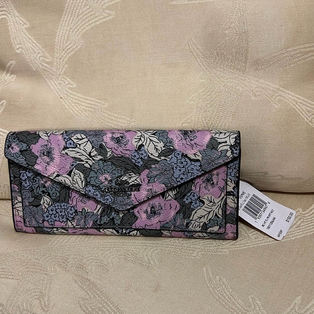 COACH SOFT WALLET NWT WITH HERITAGE FLORAL PRINT (89686) PEWTER/SOFT LILAC MULTI